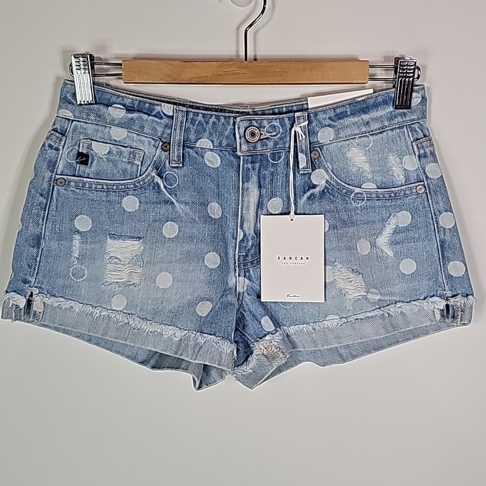 Kancan xs light wash polka dot mid rise jean shorts